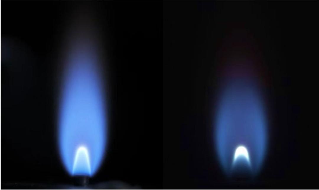 空间站燃烧科学实验柜甲烷燃烧图像（左）与地面同种工况甲烷燃烧图像（右）。（中国科学院工程热物理研究所、清华大学燃烧能源中心供图）